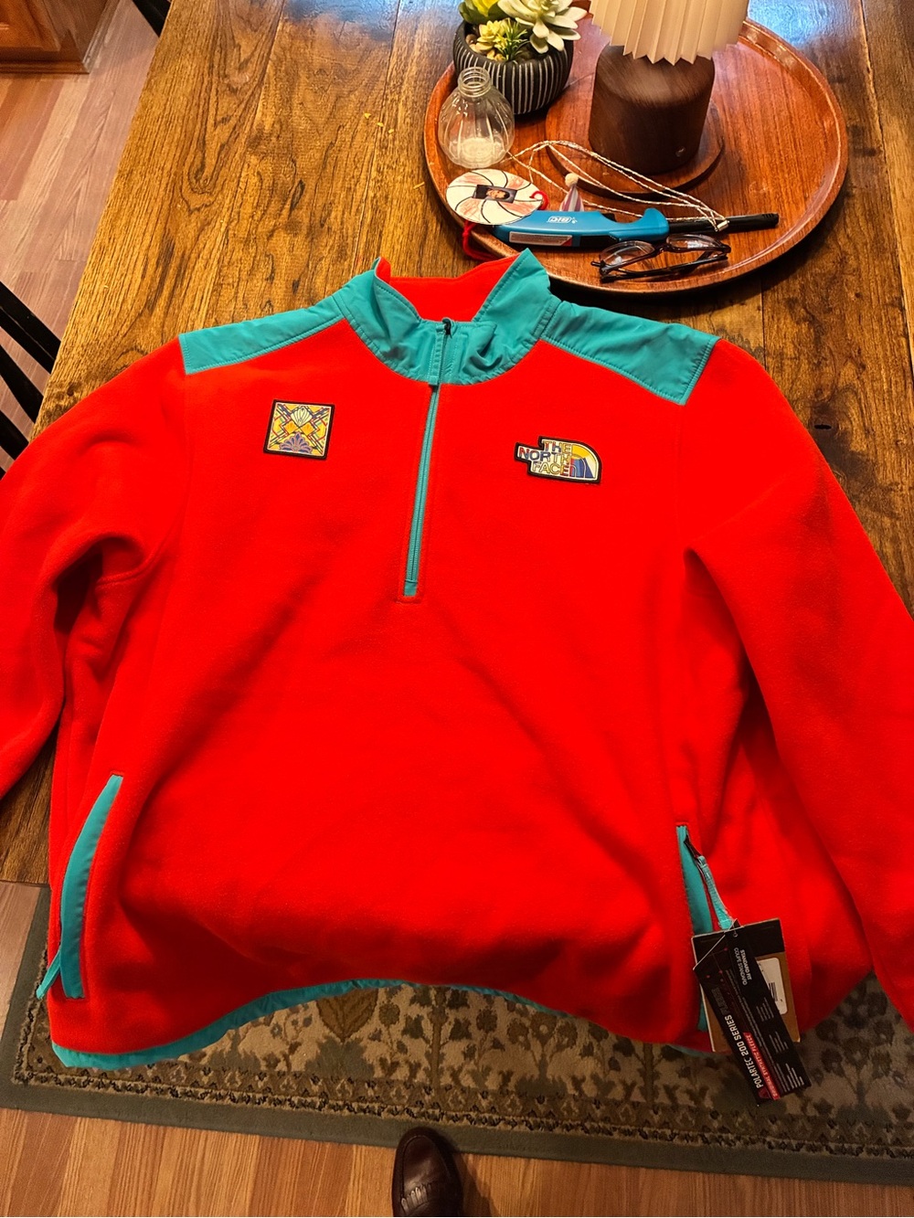 The North Face retro Red Fleece Pullover with Teal Accents